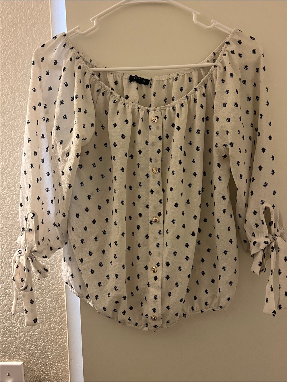 White Polka-Print Button Front Top